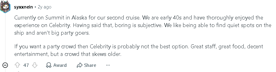 Quote from Celebrity cruisers in thier 50's