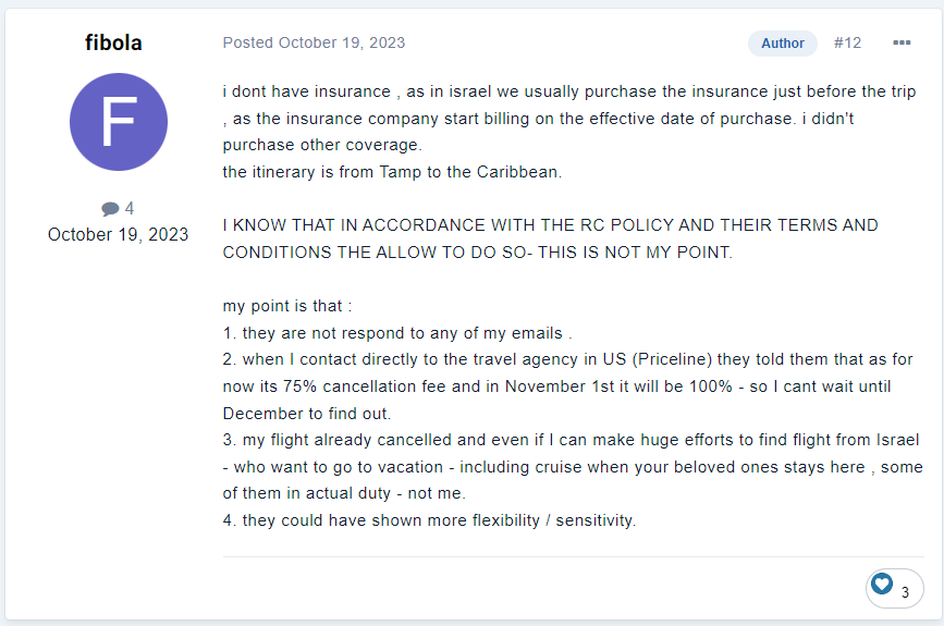 A forum post by user 'fibola' on October 19, 2023, detailing frustrations over a lack of travel insurance for a Caribbean cruise, issues with a travel agency's response to cancellation inquiries, and a call for more flexibility and sensitivity from the company in light of a cancelled flight from Israel.