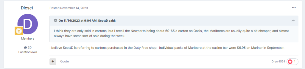 “Individual packs of Marlboro at the casino bar were $6.95 on Mariner in September.”