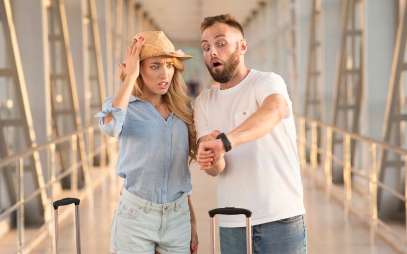The image captures a young couple at an airport, expressing shock and urgency. The man is looking at his watch while pointing forward, indicating they are late, while the woman holds her hat and looks worried. Both are carrying luggage, suggesting they are rushing to catch a flight. The background of the airport walkway adds to the tension and haste of the scene.