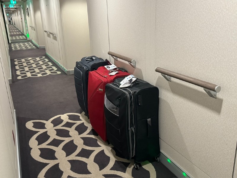 Several pieces of luggage, including black and red suitcases, are lined up against the wall in a cruise ship hallway. The corridor is decorated with patterned carpet and handrails, with green emergency exit lights visible in the distance.