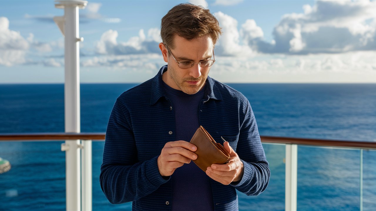 Man looking in his wallet on a cruise ship