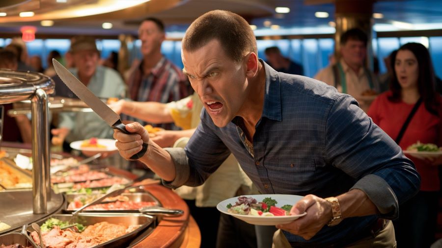 A man with a furious expression is aggressively holding a large knife and a plate of food, appearing to cut the line at a crowded cruise ship buffet. Other passengers in the background look startled and concerned, highlighting the disruptive behavior in an otherwise orderly dining setting.