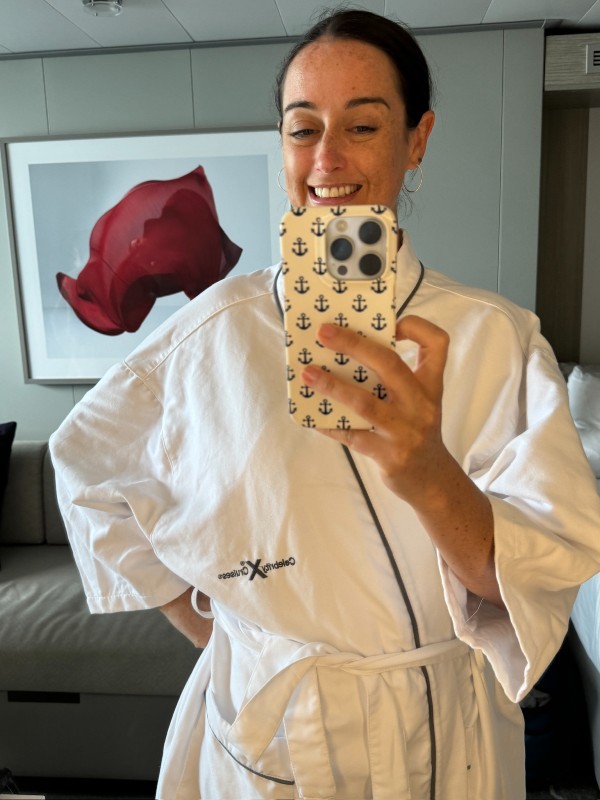 Cruise Mummy wearing a Celebrity cruises robe