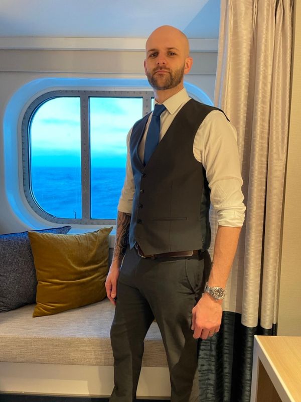 My husband wearing waiscoat to dinner