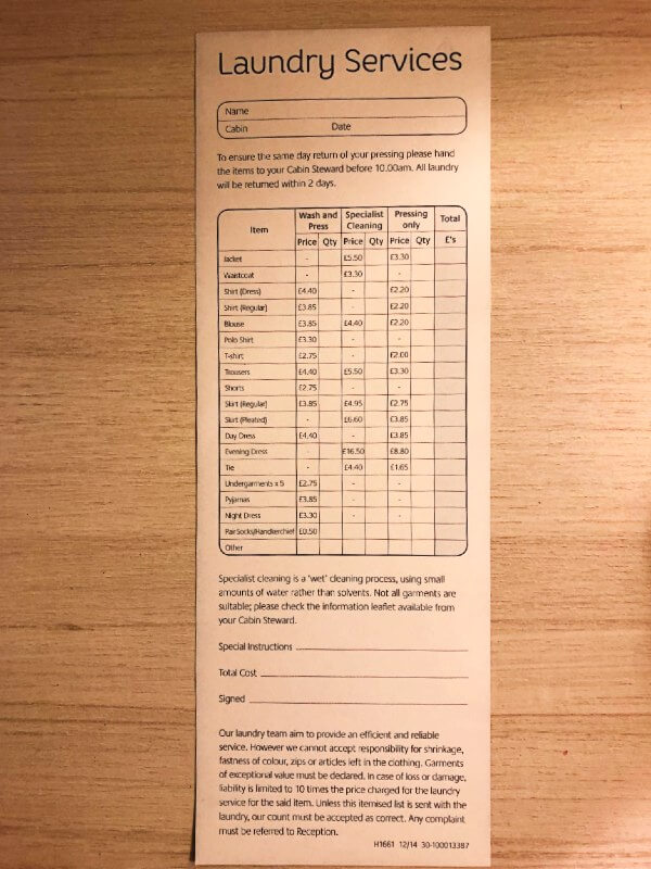 P&O laudry services price list