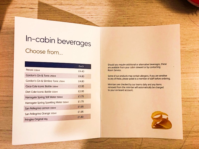P&O cruises room service drinks menu