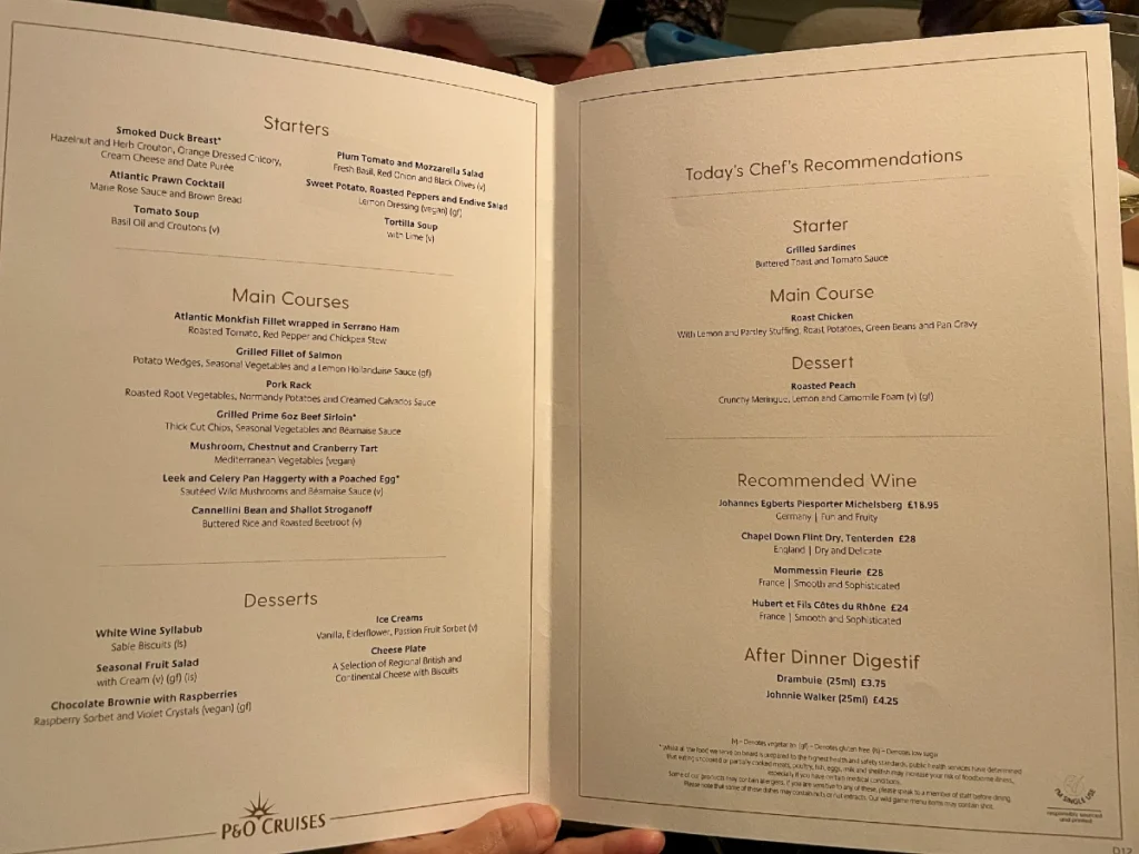 P&O Cruises main dining room menu