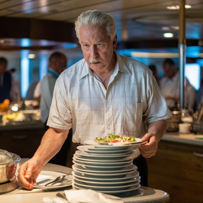 An elderly man with white hair and a mustache is returning a stack of used plates to the buffet area on a cruise ship. He appears focused as he carefully places the plates, while other passengers and staff can be seen in the background. The setting is a bustling dining area with a variety of food stations.