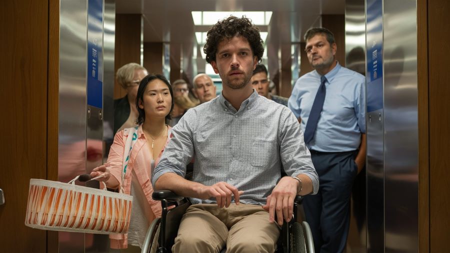 A man in a wheelchair, with a concerned expression, is at the forefront of an elevator on a cruise ship, surrounded by other passengers who appear to be ignoring him. The passengers include a woman carrying a bag, an older man in a suit, and several others in the background, all looking away or preoccupied. The scene conveys a sense of neglect and lack of awareness towards the needs of the disabled passenger.