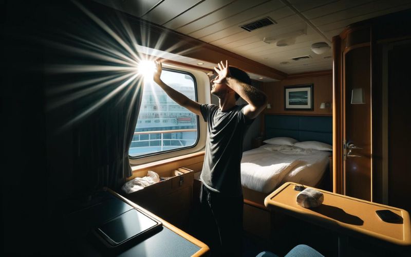 A person stands in a cozy cruise ship cabin, shielding their eyes from the bright sunlight streaming through a large window. The cabin features a neatly made bed, wooden furnishings, and a small table with a seashell and a tablet.