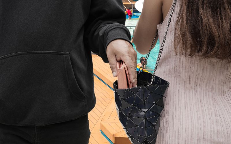 The image captures a pickpocketing scene where a person in a black hoodie is discreetly stealing a wallet from a woman's purse. The woman, unaware, is carrying a stylish geometric black handbag over her shoulder. The background suggests an outdoor setting, likely a crowded place such as a street or tourist area, adding a realistic and cautionary element to the scene.
