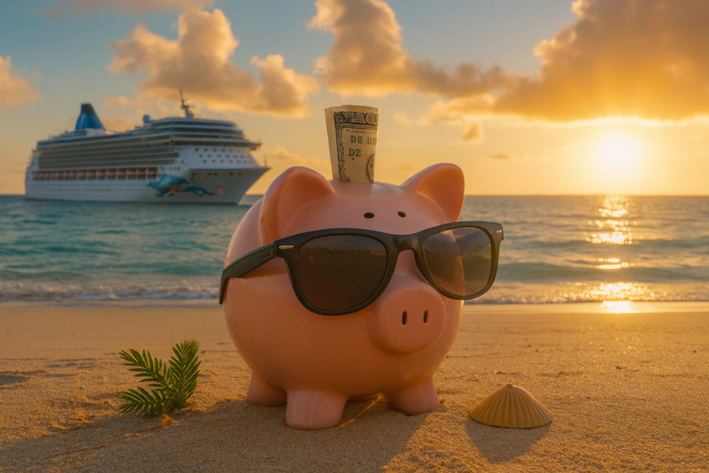 A ceramic piggy bank with sunglasses sits on a sandy beach, with a single dollar bill inserted in its slot. In the background, a large cruise ship is visible on the ocean under a sunset sky with scattered clouds.