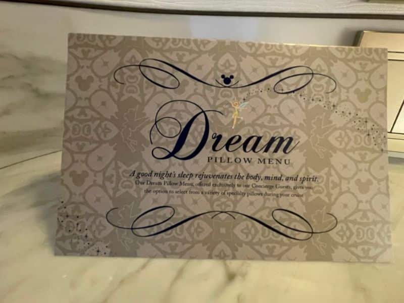 Disney cruise line pillow menu for Concierge guests