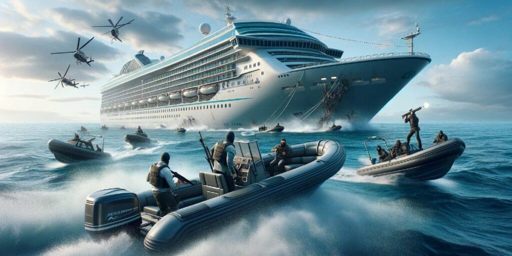 A dramatic and action-packed scene where a cruise ship is being attacked by pirates. This visually striking scenario is captured with high intensity, showing speedboats and pirates in combat gear approaching the large, luxurious cruise ship. Helicopters hover above, adding to the chaotic atmosphere of the attack. The scene is likely from a movie or a video game, given its high level of detail and cinematic quality. This kind of imagery creates a dynamic and thrilling narrative, contrasting the typically serene and peaceful image of cruise travel.
