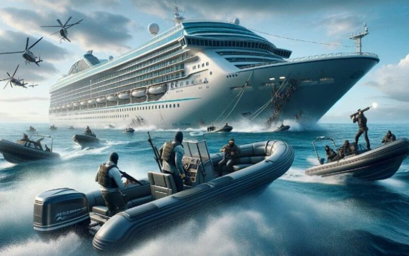 A dramatic and action-packed scene where a cruise ship is being attacked by pirates. This visually striking scenario is captured with high intensity, showing speedboats and pirates in combat gear approaching the large, luxurious cruise ship. Helicopters hover above, adding to the chaotic atmosphere of the attack. The scene is likely from a movie or a video game, given its high level of detail and cinematic quality. This kind of imagery creates a dynamic and thrilling narrative, contrasting the typically serene and peaceful image of cruise travel.