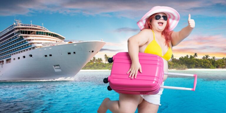 This image features a cheerful plus-size woman in a yellow swimsuit, wearing a pink wide-brimmed hat and sunglasses, giving a thumbs up while running with a pink suitcase. She is positioned against a vibrant backdrop with a large cruise ship in a clear blue ocean near a tropical island. This composition suggests excitement and joy associated with travel and vacations.