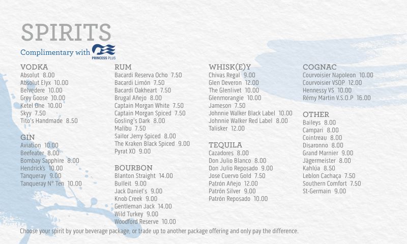 princess cruises spirits menu