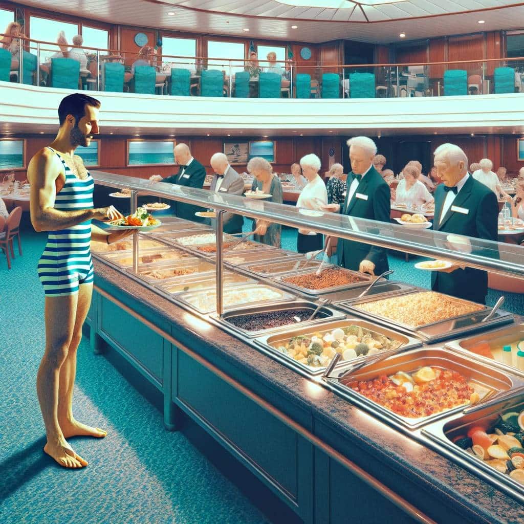A man in vintage-style swimwear stands out at a cruise ship buffet among formally dressed passengers, highlighting the contrast between casual swim attire and evening wear in the traditionally elegant dining area.