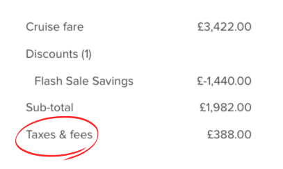taxes and fees circled on a cruise bill
