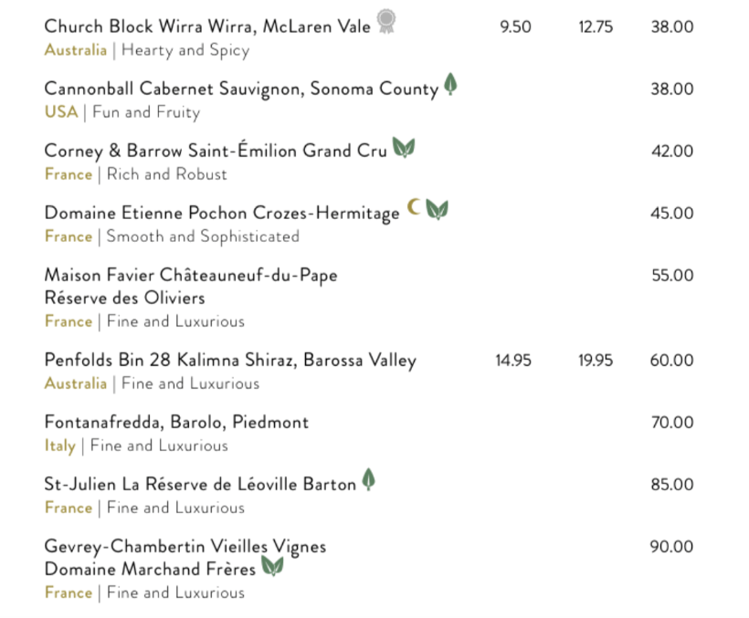 P&O Cruises wine list