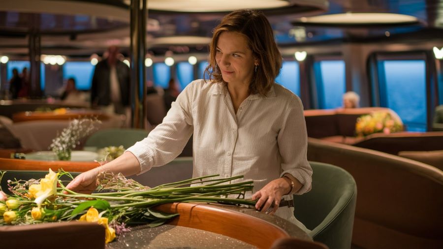 A woman in a white blouse is seen stealing yellow flowers on a table in a cruise ship's dining or lounge area. The setting has a warm, ambient lighting with other passengers visible in the background. 